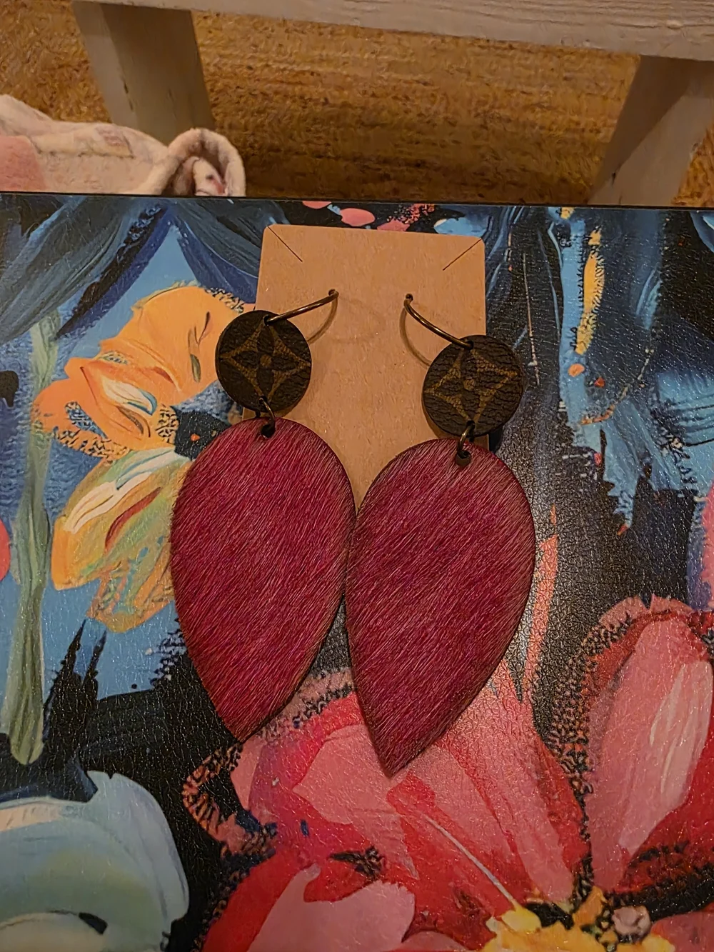 Handmade Pink Teardrop Leather & Patterned Disc Earrings